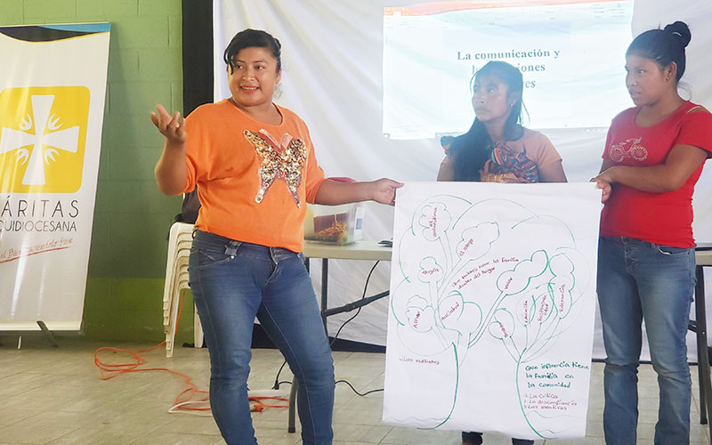 Three women engaged in discussion, standing in front of a whiteboard filled with notes and diagrams.