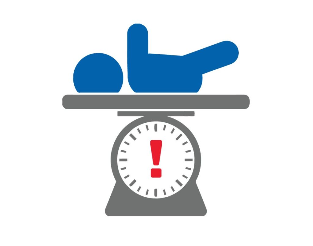 icon of a baby being weighed on a scale to show statistic of low birth weight