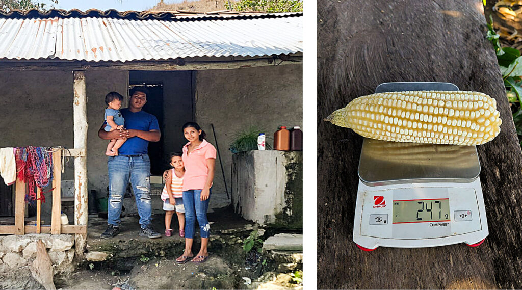 A farming family stands in front of their home
